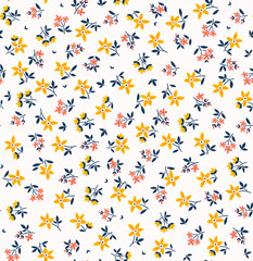 Cute floral pattern in the small flowers. Seamless vector texture. Elegant template for fashion prints. Printing with small pink and yellow flowers. White background.