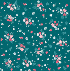 Vector seamless pattern. Pretty pattern in small flowers. Small colorful flowers. Green-blue background. Ditsy floral background. The elegant the template for fashion prints. Stock vector.
