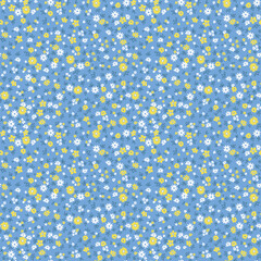 Cute floral pattern. Seamless vector pattern. Elegant template for fashion prints. Small white and yellow flowers. Light blue background. Summer and spring motifs. Stock vector.