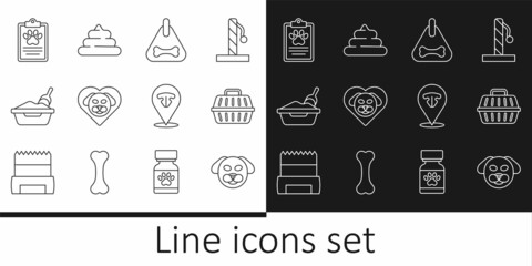 Set line Dog, Pet carry case, collar, Heart with dog, Cat litter tray shovel, Clinical record pet, nose and Shit icon. Vector