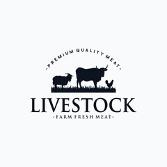 Livestock vintage logo with cow, chicken, and goat
