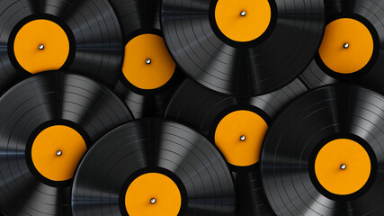 3D illustration of the yellow label vinyl records as background