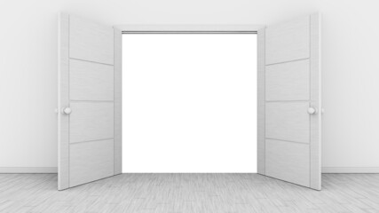 3D illustration of the empty white room with opened doors
