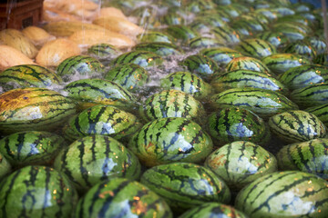 Watermelons and melons in water for washing