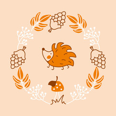 Cute hedgehog and autumn, kids pattern in  scandinavian style. Vector