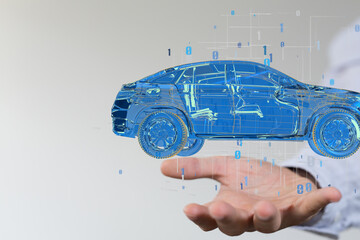 Hologram auto, futuristic polygonal model auto.