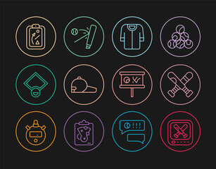 Set line Monitor with baseball game, Crossed bat, Baseball t-shirt, cap, field, Planning strategy, and icon. Vector