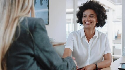 successful job interview happy mixed race business woman intern shaking hands with manager in meeting congratulations for new career opportunity in corporate office