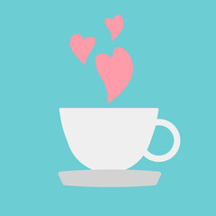 a white cup of coffee on a blue background with pink hearts. vector simple cute coffee cup drawing in pastel colors