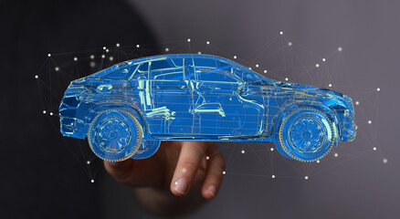 Hologram auto, futuristic polygonal model auto.