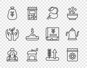 Set line Farmer in the hat, Pack full of seeds of plant, Sprout, Manual coffee grinder, Bag flour, Seed, Wheat and Watering can icon. Vector