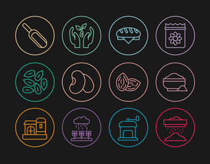 Set line Sifting flour, Flour bowl, Bread loaf, Beans, Seed, Scoop, and Plant hand icon. Vector