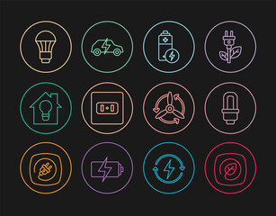 Set line Location with leaf, LED light bulb, Battery, Electrical outlet, Smart house and, Wind turbine and car icon. Vector