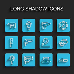 Set line Angle grinder, Electric jigsaw, drill machine, planer tool, Chainsaw, circular and Table for woodwork icon. Vector