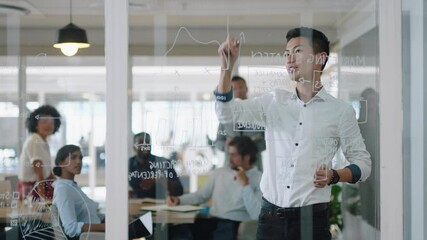 young asian businessman writing on glass whiteboard team leader training colleagues in meeting brainstorming problem solving strategy sharing ideas in office presentation seminar 4k - Powered by Adobe
