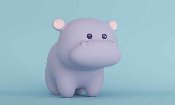 Cute little hippo on a blue background with copy space. 3d rendering