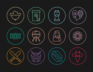Set line Sausage on the fork, Firework, Stage stand tribune, Barbecue grill, Star American military, Western cowboy hat, Benjamin Franklin and Calendar with date July 4 icon. Vector