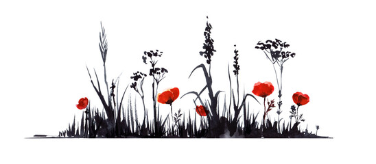 Hand drawn watercolor illustration. Bottom border decorative element. Dry black stems flowers, plants, grass, bright red spots of poppies. Simple light sketch drawing. Isolated on white background - 454982774