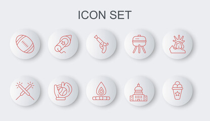 Set line Ice cream in waffle cone, Sparkler firework, Vintage pistols, White House, American Football ball, Firework, Baseball glove with and Campfire icon. Vector