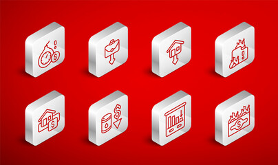 Set line Burning dollar bill, Briefcase, Falling property prices, Fire burning house, Pie chart infographic, Money bomb crisis, Drop crude oil and Hanging sign with Sale icon. Vector