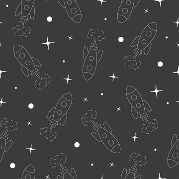 Outline rocket in space seamless pattern on black background. Vector illustration. 