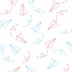 Seamless pattern with outline paper plane on white background. Vector illustration. 