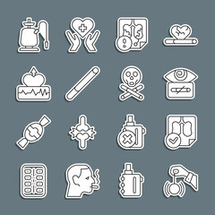 Set line Hypnosis, Lungs x-ray diagnostics, Disease lungs, Cigarette, Heartbeat increase, Hookah and Bones and skull icon. Vector