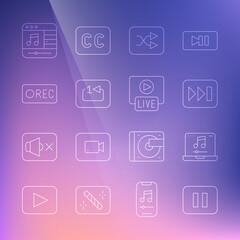 Set line Pause button, Laptop with music, Fast forward, Arrow shuffle, Repeat track player, Record, Music and Live stream icon. Vector