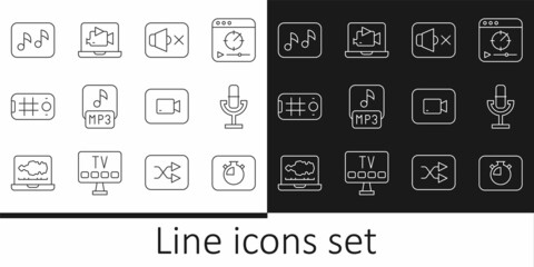 Set line Stopwatch, Microphone, Speaker mute, MP3 file, Selfie mobile, Music note, tone, Play video button and Online play icon. Vector