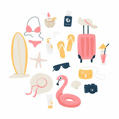 Summer vacation set. Resort concept. Travel set with coconut cocktail, swimsuit, surfboard, suitcase, sunglasses, camera, lifebuoy, passport etc.