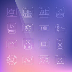 Fototapeta premium Set line Online play video, Stereo speaker, Cinema camera, Music player, Stopwatch, MOV file, and Pause button icon. Vector