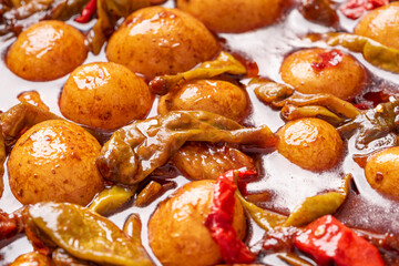 Roasted small potatoes with beef sauce