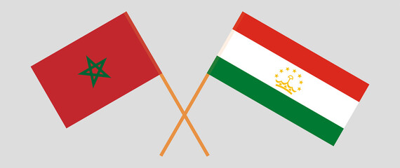 Crossed flags of Morocco and Tajikistan. Official colors. Correct proportion