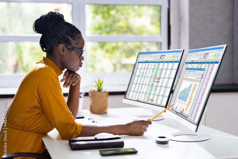 Poster computer spreadsheet data analyst woman