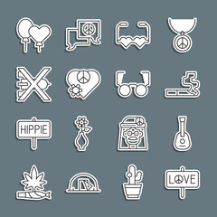 Set line Peace, Guitar, Cigarette, Heart shaped love glasses, Love peace, No war, Balloons and Glasses icon. Vector