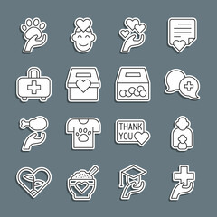 Set line Heart with cross, Taking care of children, Dialogue doctor, hand, Donation charity, First aid kit, Animal volunteer and icon. Vector