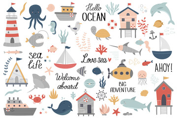 Marine kit. Underwater world. Ocean inhabitants, seaweed, shells, corals, beach house, boats, submarine, turtle, fish, octopus, seahorse, whale, dolphin, shark, jellyfish. Vector illustration