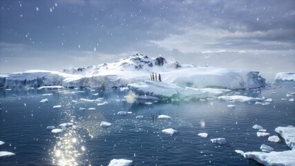 An emperor penguin stands in the middle of a snowstorm on a glacier and admires the sea. Huge high glaciers in winter natural conditions. 3D Rendering. © designprojects