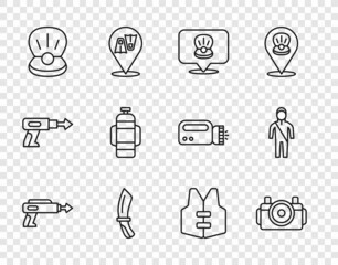 Set line Fishing harpoon, Photo camera for diver, Scallop sea shell, Diving knife, Pearl, Aqualung, Life jacket and Wetsuit scuba diving icon. Vector