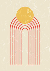 Abstract contemporary mid century poster with geometric shapes and texture. Design for wallpaper, background, wall decor, cover, print, card. Modern boho minimalist art. Vector illustration.