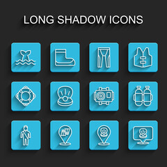 Set line Wetsuit for scuba diving, Flippers swimming, Whale tail, Scallop sea shell, Pearl, Aqualung and Photo camera diver icon. Vector