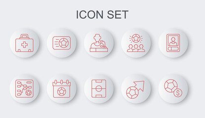 Set line Soccer football ball, Championship tournament bracket, Football player press conference, First aid kit, or soccer calendar and field icon. Vector