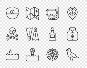 Set line Submarine, Bird seagull, Diving mask and snorkel, Periscope, Captain hat, Flippers for swimming, Ship steering wheel and Life jacket icon. Vector