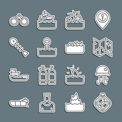 Set line Compass, Jellyfish, Pirate treasure map, Sinking cruise ship, Periscope, Dead, Binoculars and Sharp stone reefs icon. Vector