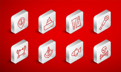 Set line Skull on crossbones, Iceberg, Flippers for swimming, Spyglass telescope lens, Fish, Location with anchor, Anchor and Crab icon. Vector