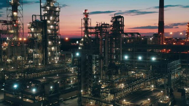 Night lights at the premises of the oil refinery plant
