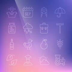 Set line Tractor, Wheat, Garden rake, Winter hat, Cloud with rain, Jam jar, Scarecrow and School backpack icon. Vector