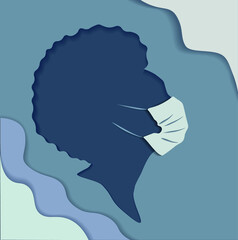 A vector image. An African-American girl in a covid-19 mask. The style of cut paper. Printing posters for medical institutions, posters, presentations.