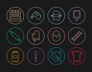 Set line Bread toast, Food chopsticks, Rolling pin on dough, Oven glove, Broken egg and Electric mixer icon. Vector