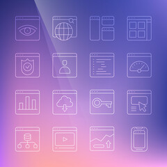 Set line Mobile phone, UI or UX design, Digital speed meter, Browser window, Create account screen, with shield, incognito and icon. Vector